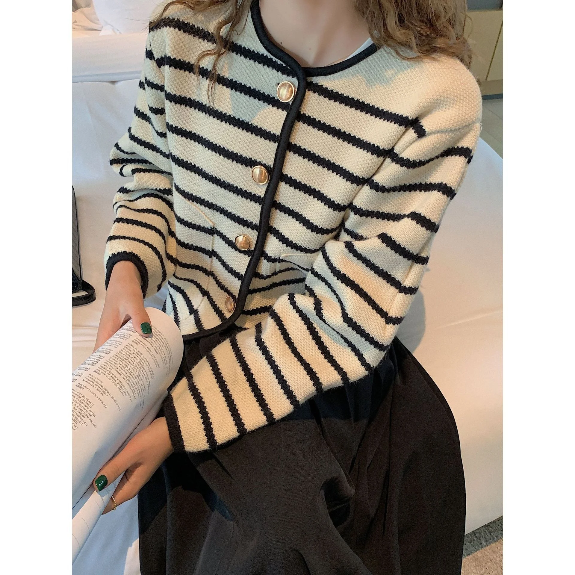 Maje hoydsn-suéter a rayas con contraste para mujer, abrigo grueso, elegante, de diseño suelto, tejido, Otoño e Invierno