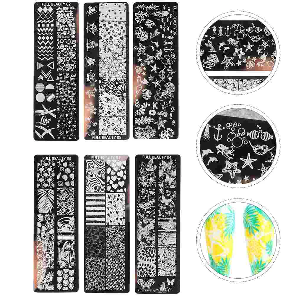 

6 Pcs Stamp Kit Nail Transfer Printing Plate Stamper Templates Images Stamping Unique 12X4cm Black Metal