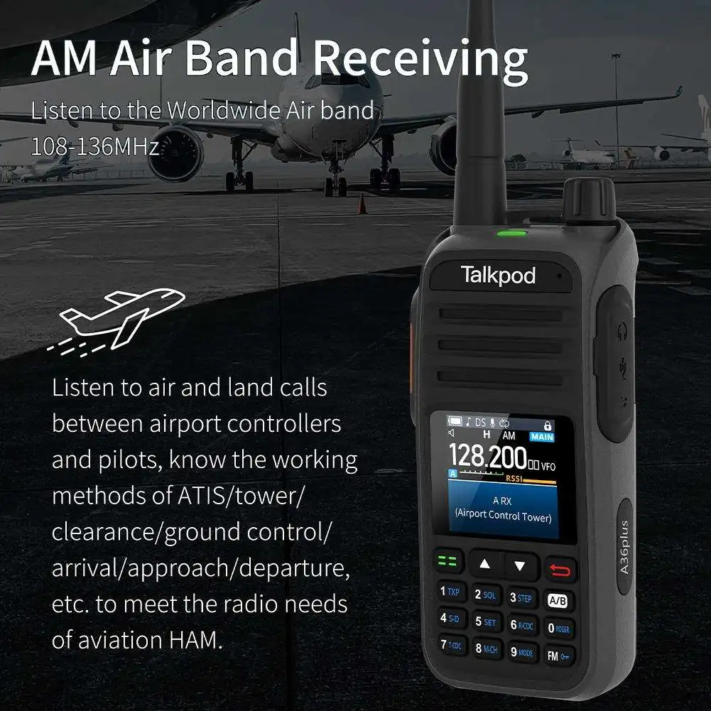 New Talkpod A36Plus Walkie Talkie AM AIR VHF UHF Ham Radio Air Band Wide DTMF Multifunctional Color Screen Intercom