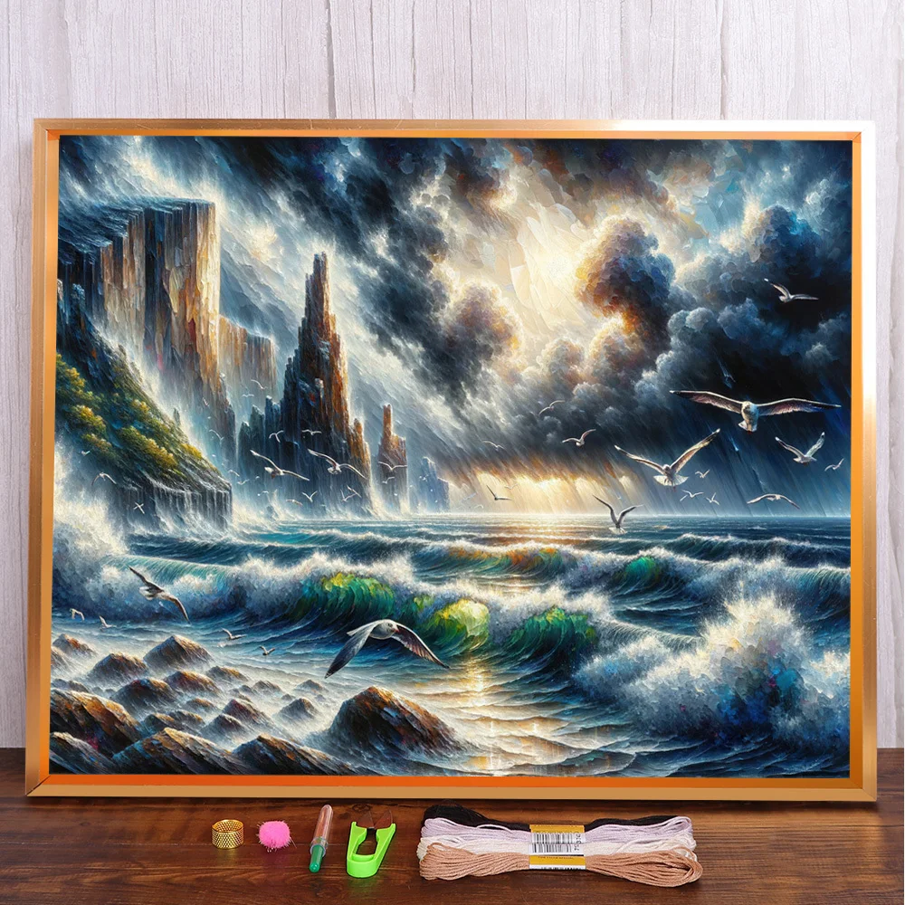 Пейзаж Stomy Sea Pre-печать вышивка крестиком Полный комплект DIY живопись рукоделие