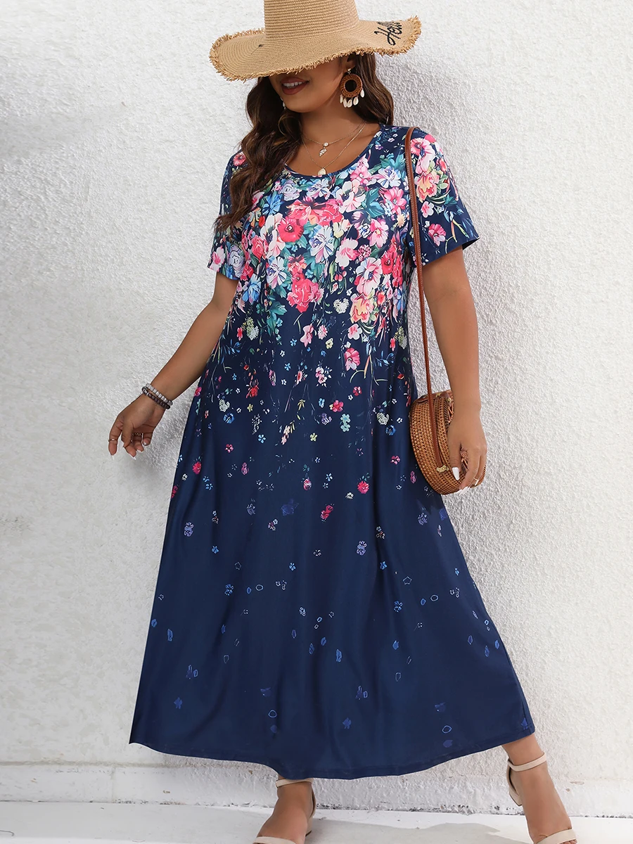Finjani Women‘s Dress Crewneck Retro Floral Print Fashion Dresses Summer Colorblock  2023 Plus Size Dress