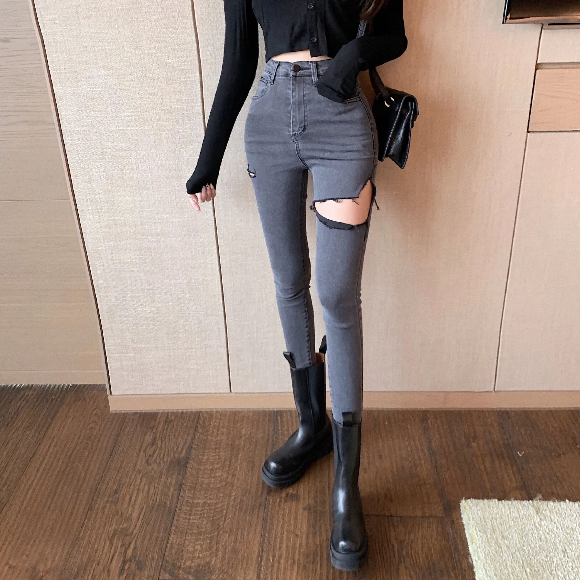 

Женская одежда в японском и корейском стиле новинка весна-осень 2023 модные уличные облегающие брюки рваные джинсы с высокой талией