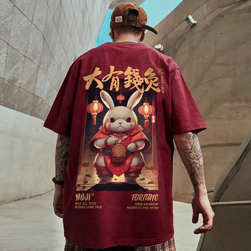 

Oversize T Shirt 100℅ Cotton Men's Short Sleeve Tee Printed T-Shirt Red Chinese Style Graphic Anime Rabbit Fashion Free Shipping