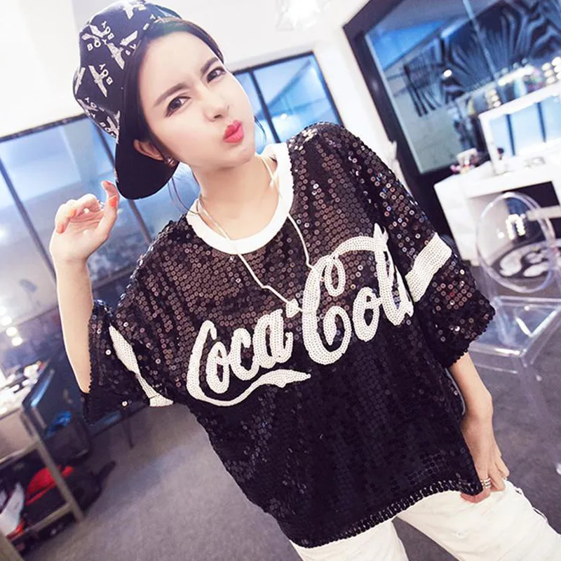 

Tide Popular Women's T-shirt Sequins Summer Round Neck Top Half-sleeved Hundred Hip-hop Loose Large Party Wear Letters