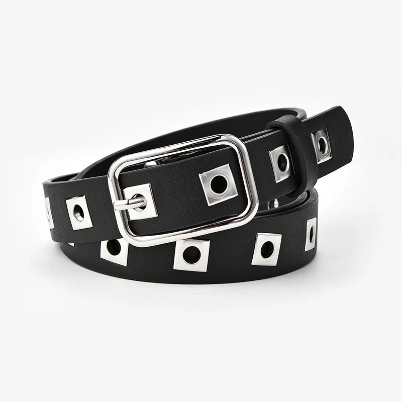 

2021 New Silver Square Button Belt Match Whole Hole Student Belt Woman Air Eye Waistband