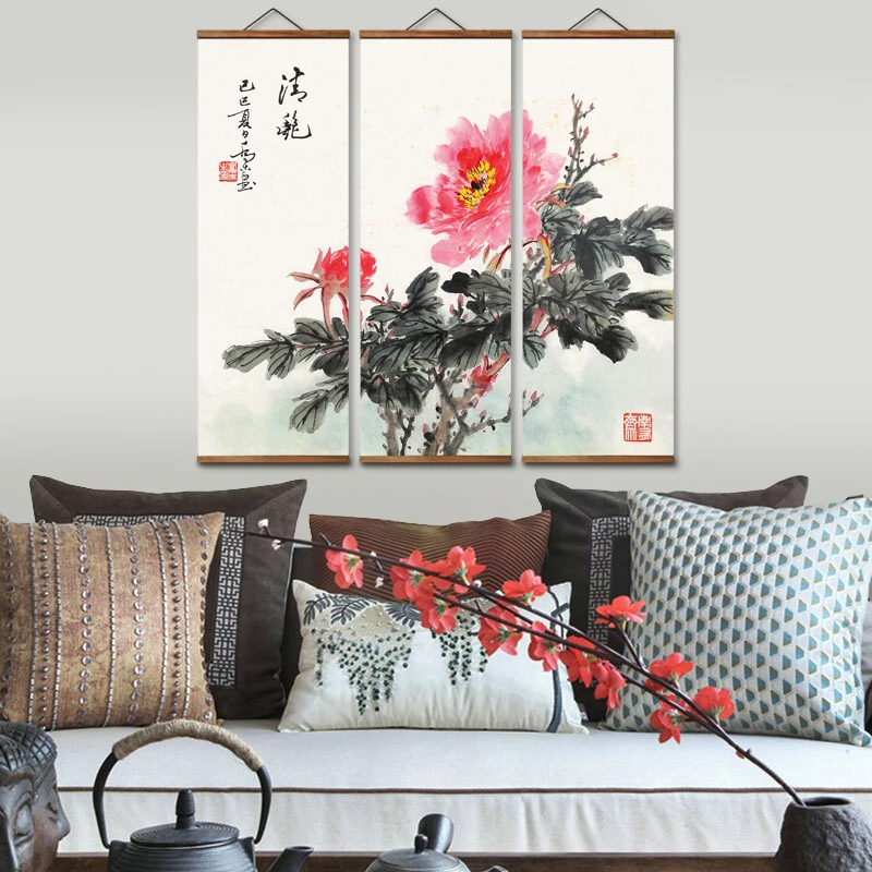 

MT0108 Chinese Style peony flowers Decorative Wall Art Posters Solid Wood Scroll Paintings