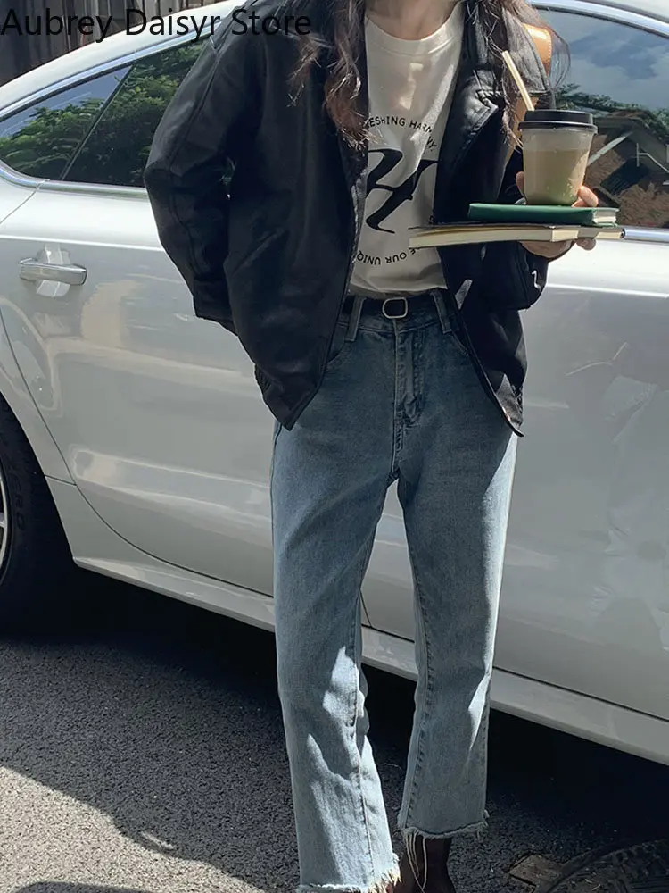 Korean Chic Black Leather Jacket Women Streetwear Vintage Solid Thin Single Breasted Coats Cropped Moto Biker Faux Leather Coat