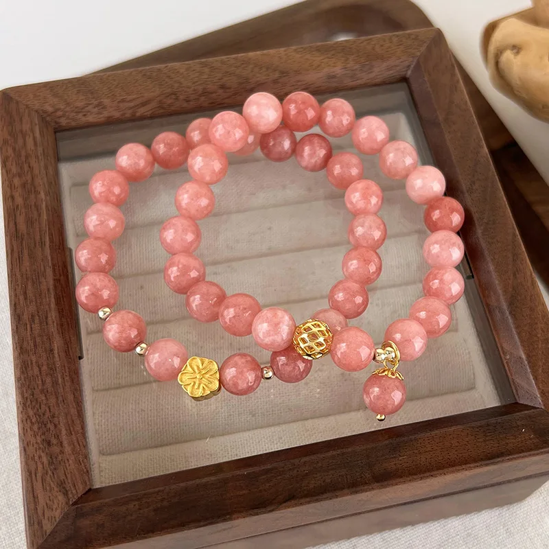 

Minar New Chic Pink Color Natural Stone Crystal Strand Bracelets for Women Girl Glass Flower Hollow Ball Pendant Beaded Bracelet