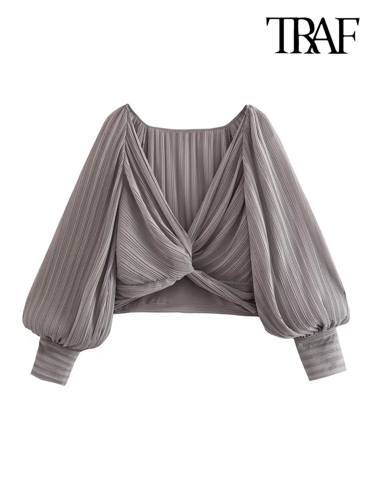 

Модные женские плиссированные блузки TRAF с узлом, винтажные женские рубашки с длинным рукавом и боковой молнией, шикарные топы