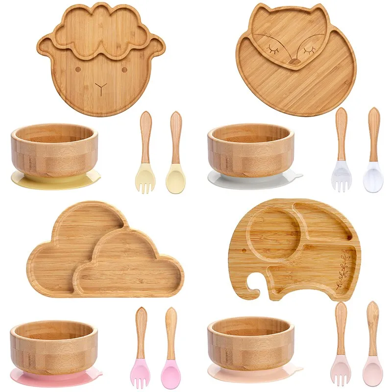 4pcs/Set Baby Bamboo Plate Children Dishes Suction Safe Feeding Bowl Solid Spoon Fork For Kids Anti-hot Tableware Waterproof