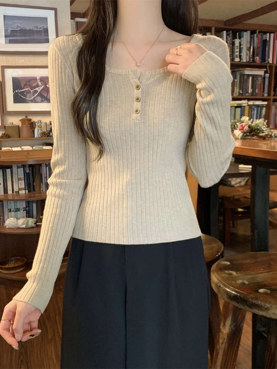 Женский свитер High Sense Sunken Stripe на талии облегающий шикарный пуговицах с квадратным