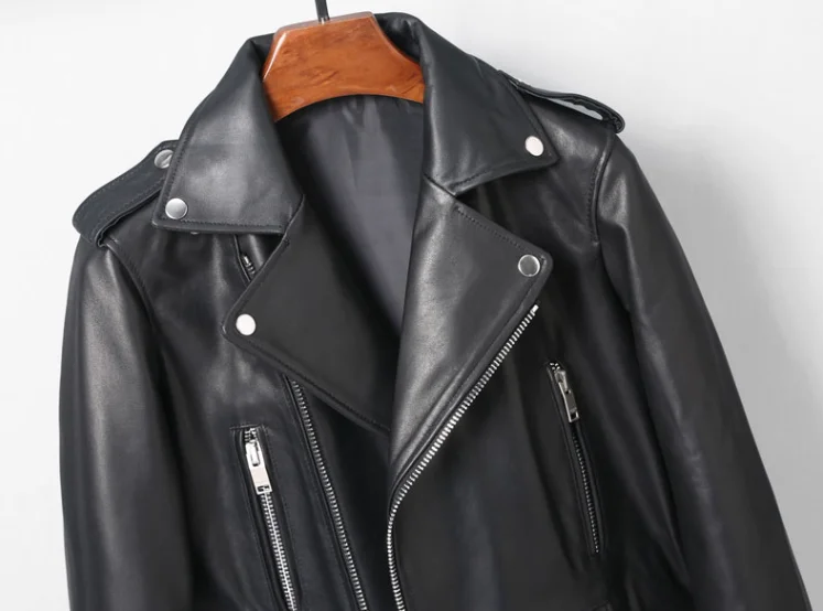 High Quality Autumn Fall Spring 2023 Women's Moto Biker Zipper Jacket Genuine Real Leather Sheepskin Coat for Female Black XXXL