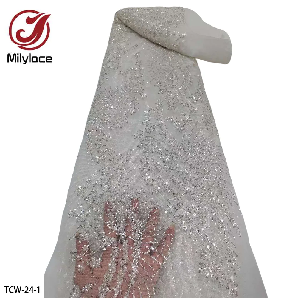 

High Quality Beaded Lace French Mesh Tulle Lace Fabric with Sequins African Embroidered Lace for Sewing Wedding Dress TCW-24