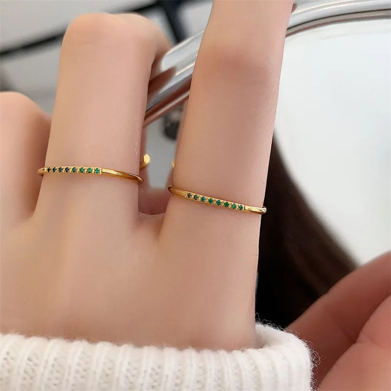 

Simple Temperament Green Zircon Stainless Steel Plated18K Gold Thin Ring for Women Delicate Fashion Watertight Jewelry Gift