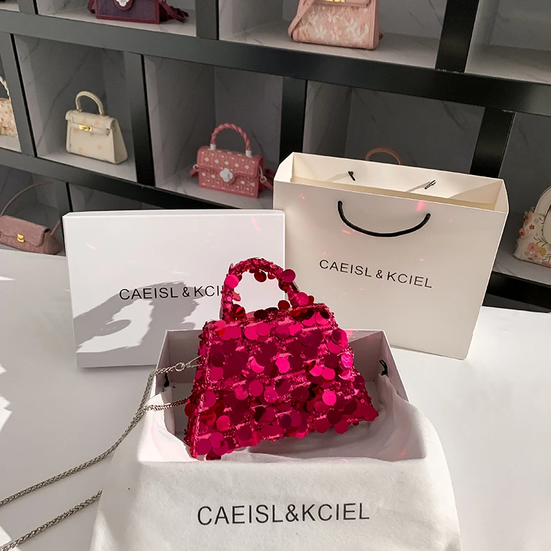 Luxury Designer Hot Pink Glitter Shiny Sequined Square Bag Women's Handbag Evening Bag Dinner Party Clutch Purse Messenger Bag
