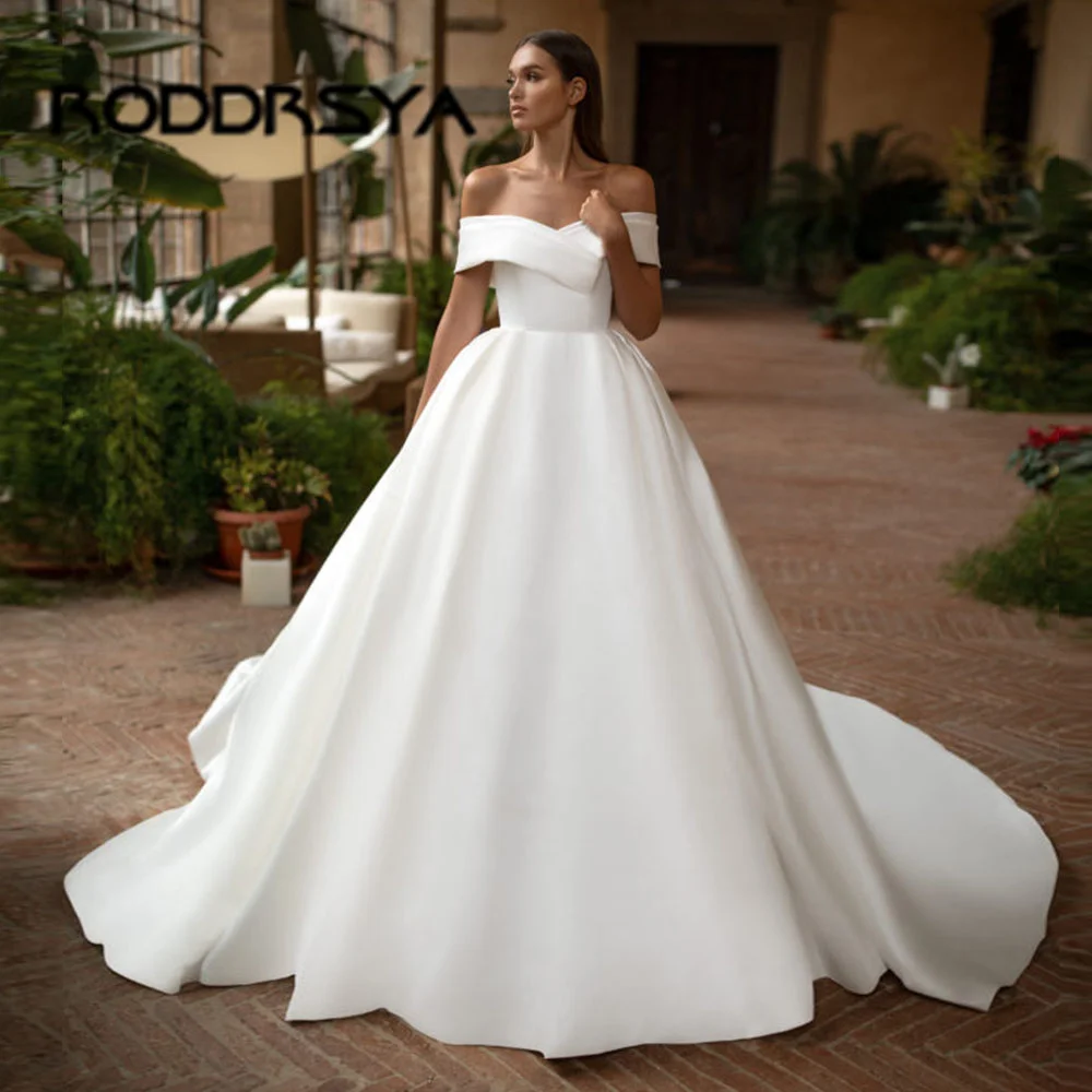 

Boho Elegant Off The Shoulder Wedding Dresses Satin White Boat Neck Court Train Bridal Robes De Soiree Mariee Vestido