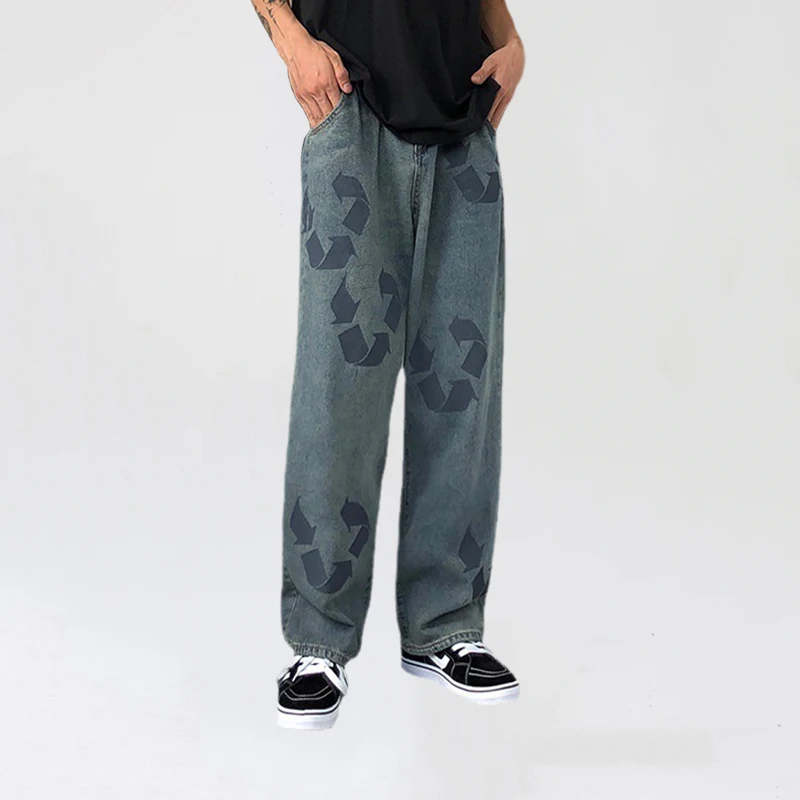 

Four Seasons Men's Jeans Graffiti Print Wide Leg Pants Loose Straight Washed Trousers Fashion Streetwear Brands Men Ins Hot Sale