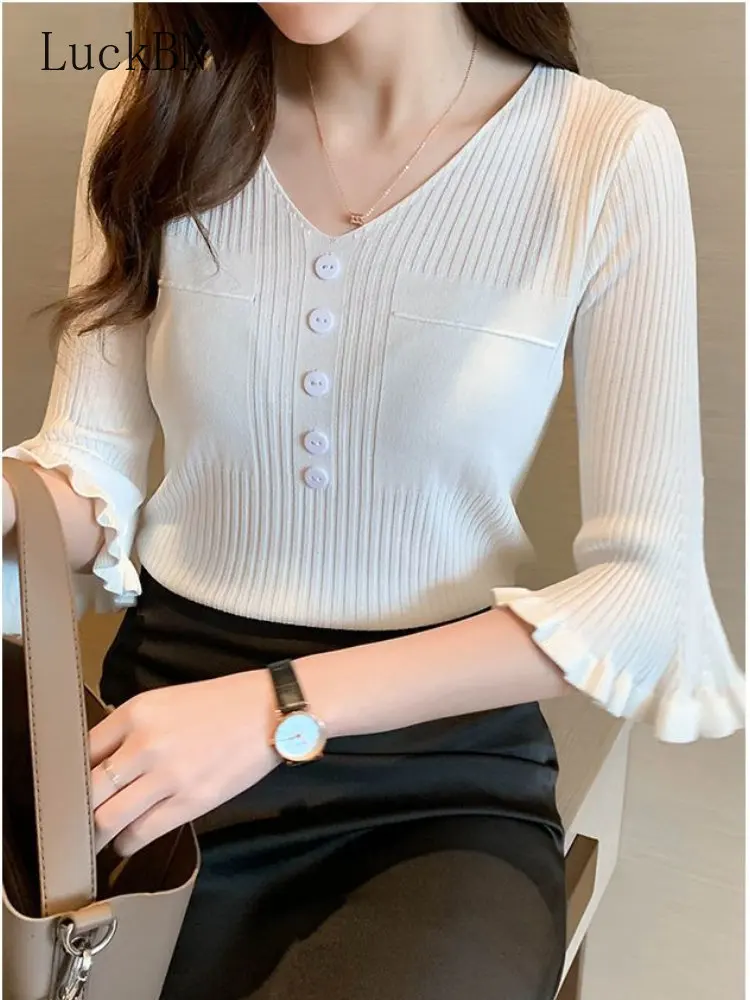 

Элегантные модные темпераментные офисные вязаные пуловеры с рукавами-пагода, весенний свитер, Женская Новая Шикарная рубашка, корейский ро...