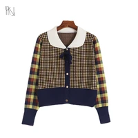 bow tie color blocked plaid long sleeved knitted cardigan 2022 autumn new women french doll collar single breasted slim sweater