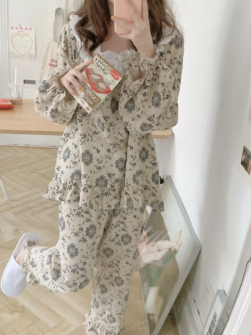 Women's Cotton Gauze Pajamas Fall Pullover Retro Printing Homewear Set Long Sleeve Trousers Suit Printing Fashion Set D475