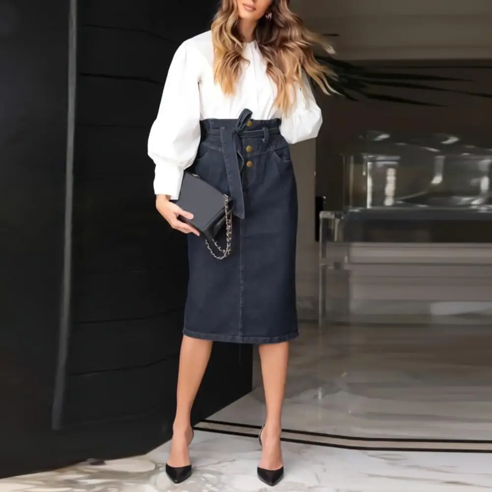 

High Waist Denim Pencil Skirt Belted Waist Bow Tie Belted Slant Pockets Buttons Fly Jeans Skirt Office Lady Hip Wrap Midi Skirt