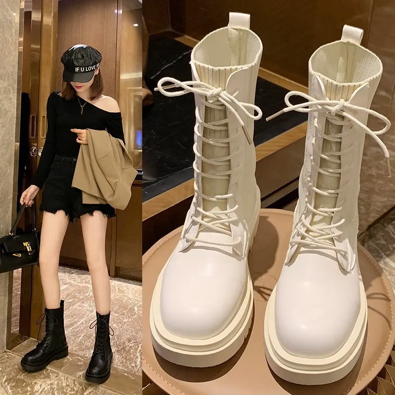 

Autumn New British Style Thick Heel Lace Up Fashion Martin Boots Women Versatile Short Tube Round Toe Sock Boots
