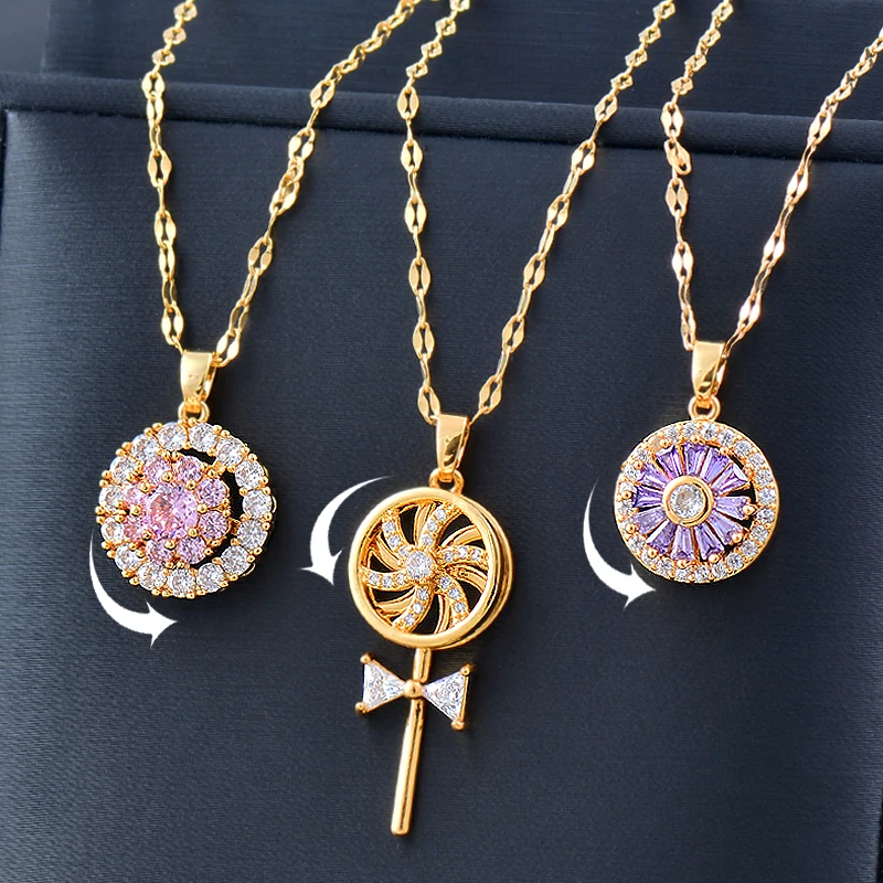 

SINLEERY korean style Rotatable Spinner Flowers Pink Cubic Zirconia Stainless steel Necklace For Women XL318 SSP