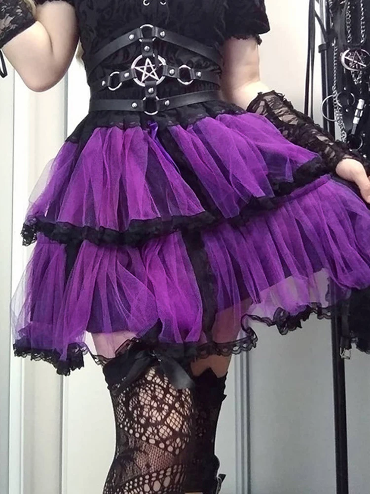 

E Girl Harajuku Gothic Purple Mesh Skirt Women Streetwear Vintage Y2k Mall Goth High Waist Skirt Emo Alt Fairy Grunge Clubwear