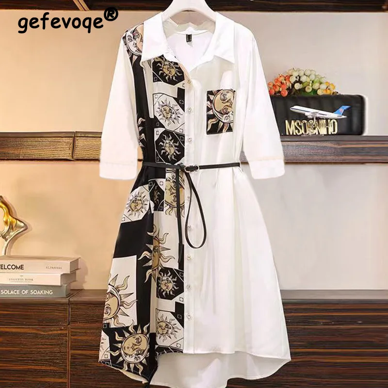 

Casual Fashion Printed Button Belt Shirt Dresses Summer 2022 New Polo-Neck Half Sleeve Tunic Chiffon Midi Dress Women's Clothing