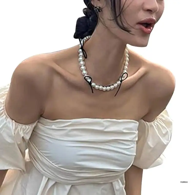 Модный Двухслойное ожерелье Лента Ожерелье с бантом бусинами Элегантный дизайн