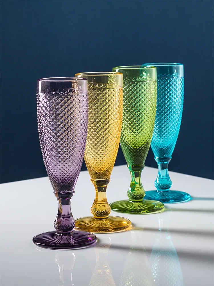 

Wine & Champagne Glass Stem Cups Tulip Shape High Foot Carved Style Birthday Present Wedding Gifts Amber/Purple/Blue/Clear 150ML