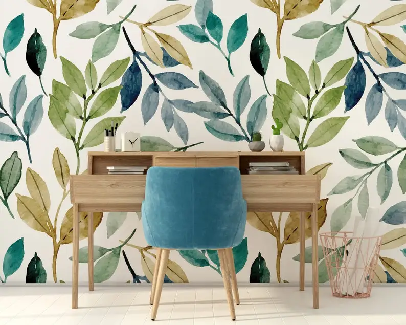 

Colorful watercolor leaves, white background wallpaper, Wall Mural, Removable Wallpaper, Self Adhesive, Peel and Stick, Wall Dec