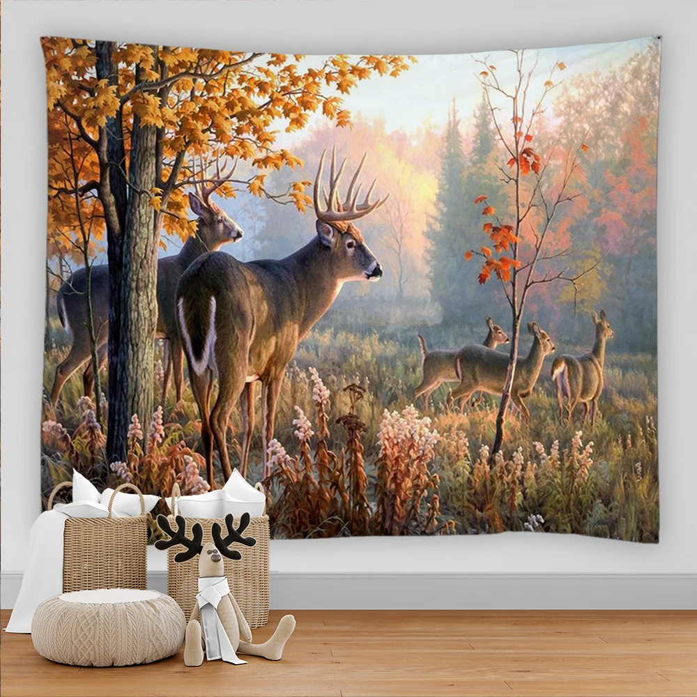 

Elk tapestry hanging wall psychedelic forest wildlife theme reindeer pattern landscape home decoration tapestry