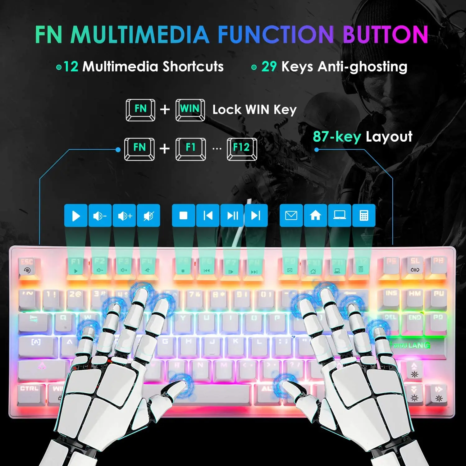 gaming mechanical keyboard 87 keys wired usb game keyboards rgb mix backlit blue switch teclado mecánico for laptop pc mouse free global shipping