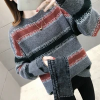 women denim patchwork collar striped pullover color matching detachable fake two piece knitted sweater autumn winter 2021 tops