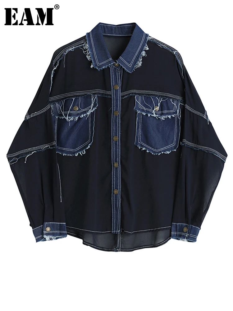 

[EAM] Women Dark Blue Vintage Denim Burr Pockets Blouse New Lapel Long Sleeve Loose Fit Shirt Fashion Spring Autumn 2023 1DF5772