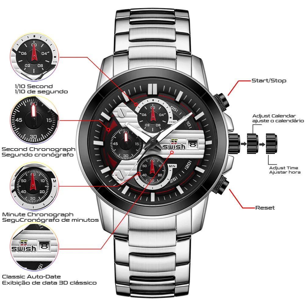 2023 Popular European and American multi-functional calendar sports waterproof steel belt men's watch quartz watch