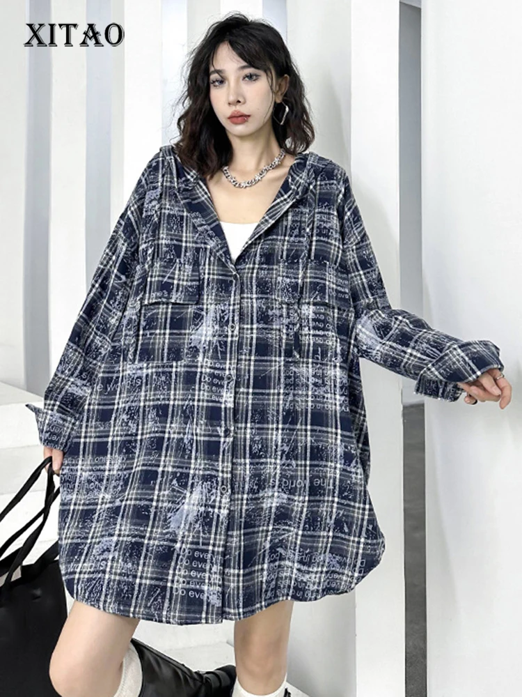 

XITAO Fashion Lattice Striped Shirt Loose Appear Thin Trend Street Wind Women Autumn New Arrival Casual Hooded Top HQQ1392