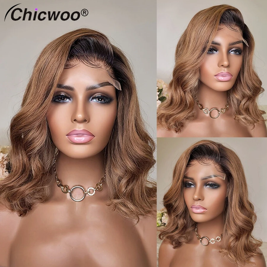 

CHICWOO 13x4 прозрачные кружевные передние парики для женщин Омбре коричневые свободные волнистые волосы боб бразильские Remy человеческие волосы естественного цвета