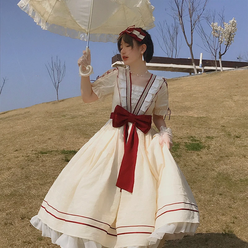 

Vintage Elegant Palace Lolita Girls Princess Dress OP Cute Bow Ruffle Sweet Temperament Lady Loli OP dresses Kawaii Lolita