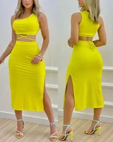slit hem skirt set women 2022 summer sexy o neck ribbed one shoulder crop top yellow skirts outfits 2 piece sets