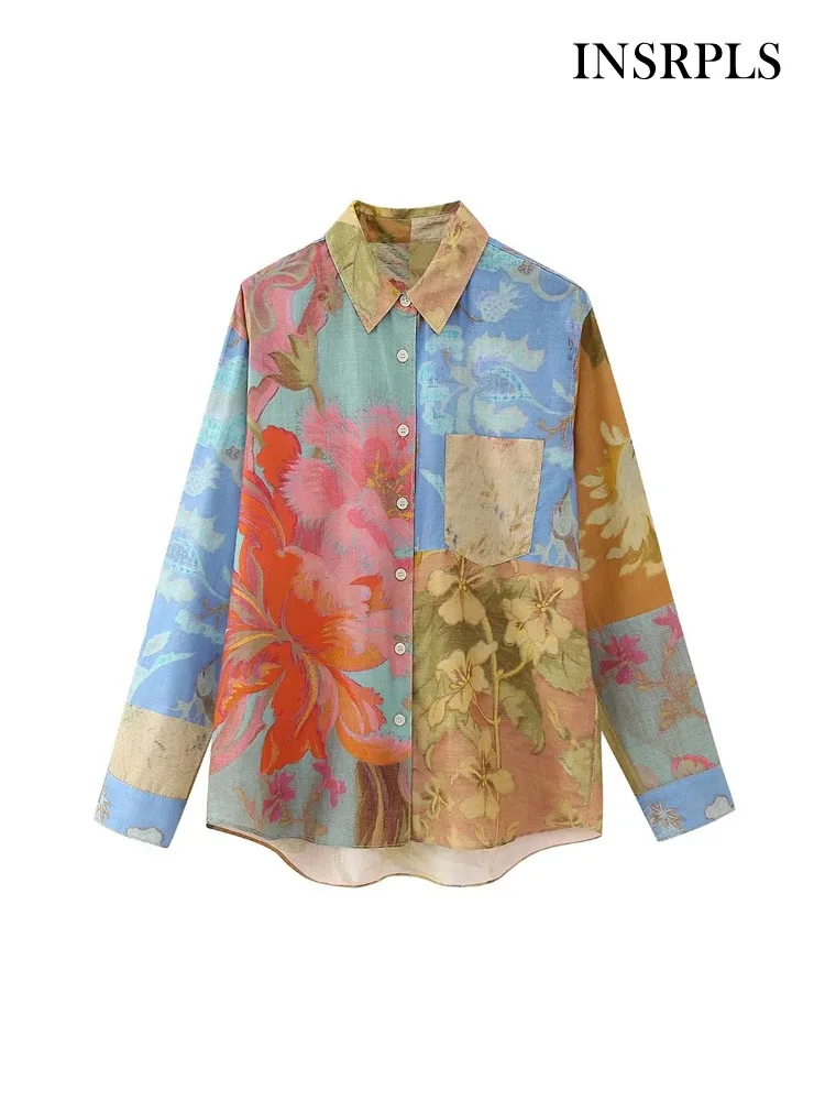 

INSRPLS Women Fashion With Pocket Patchwork Print Shirts Vintage Long Sleeve Button-up Female Blouses Blusas Chic Tops