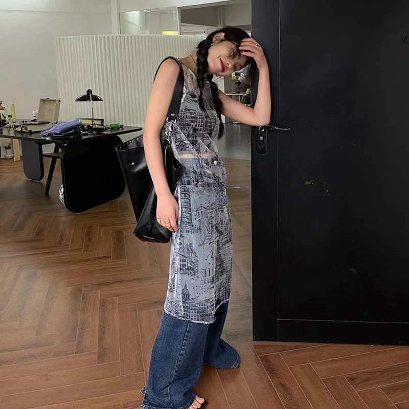 Сетчатое платье миди женская уличная одежда тонкая летняя новая мода милые