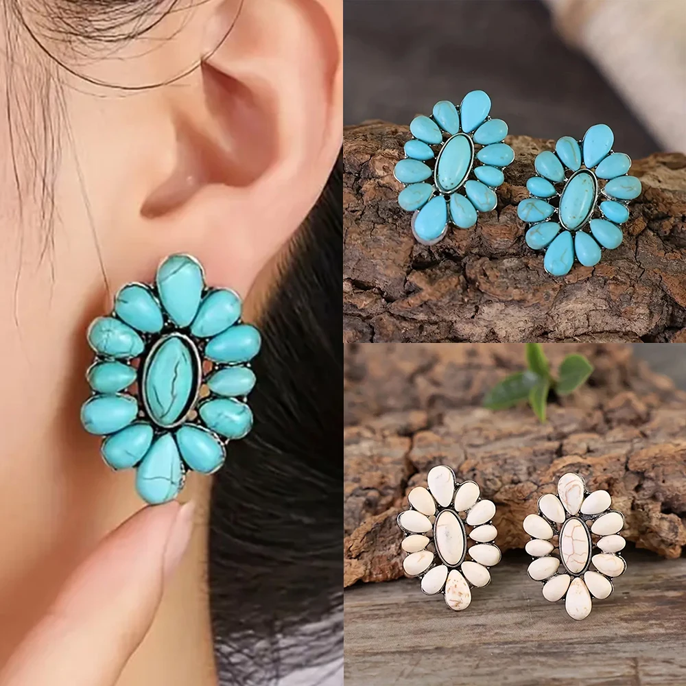 

Sunflower Natural Stone Dangle Hanging Earrings for Women Statement Retro Piercing Earstud Accessories Ladies Charm Jewelry Gift