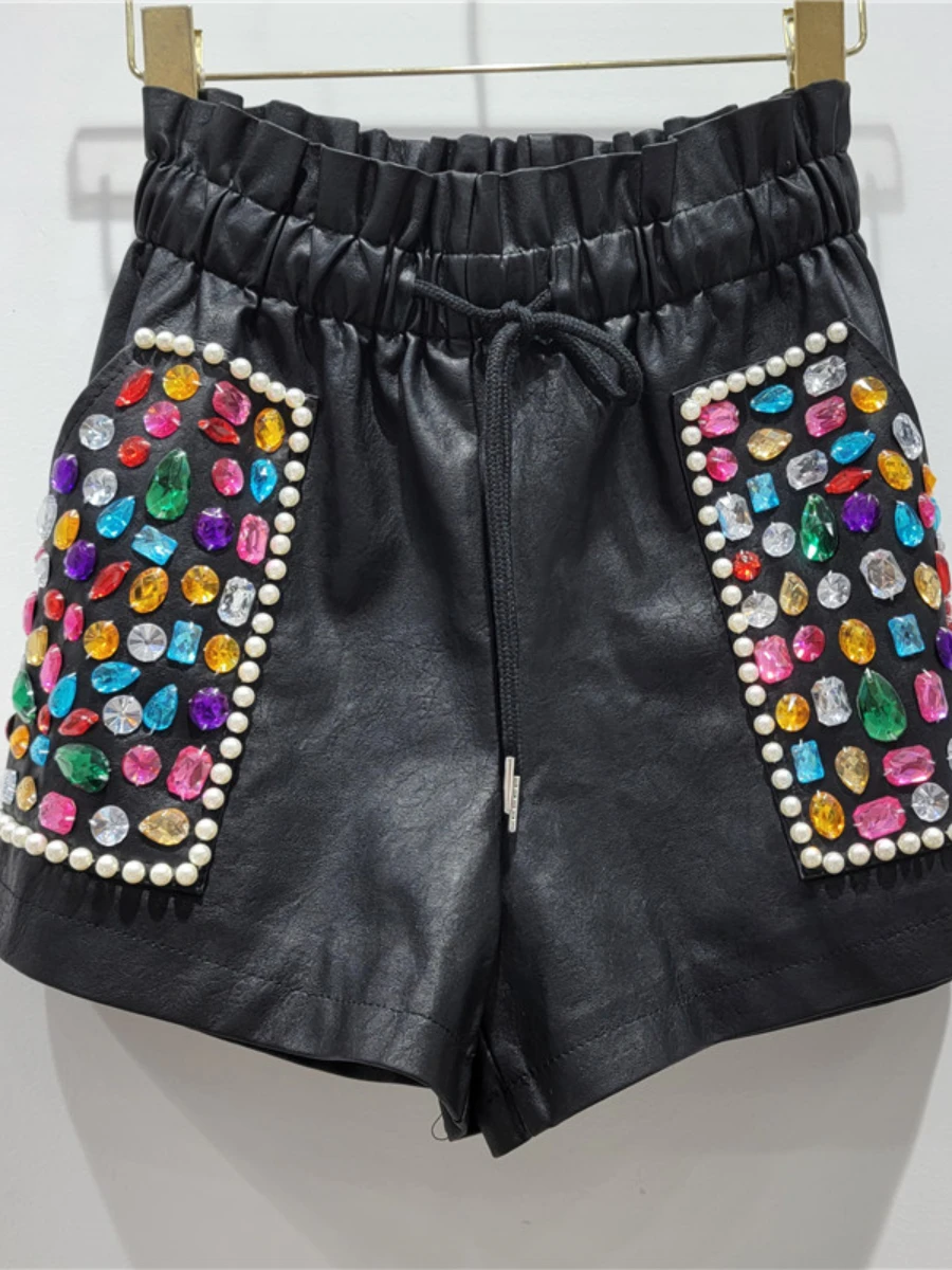 

Heavy Beads Leather Shorts Women 2022 Autumn Winter Fashion Elastic Waist Shorts Streetwear Feminine Wide Leg Short Pants Slim