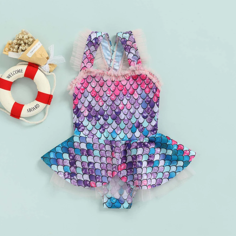 

Disney 2-7Y Summer Toddler Girls Bikini Sets Clothes Scale Printed Sleeveless Mesh Lace Jumpsuits Swimwear