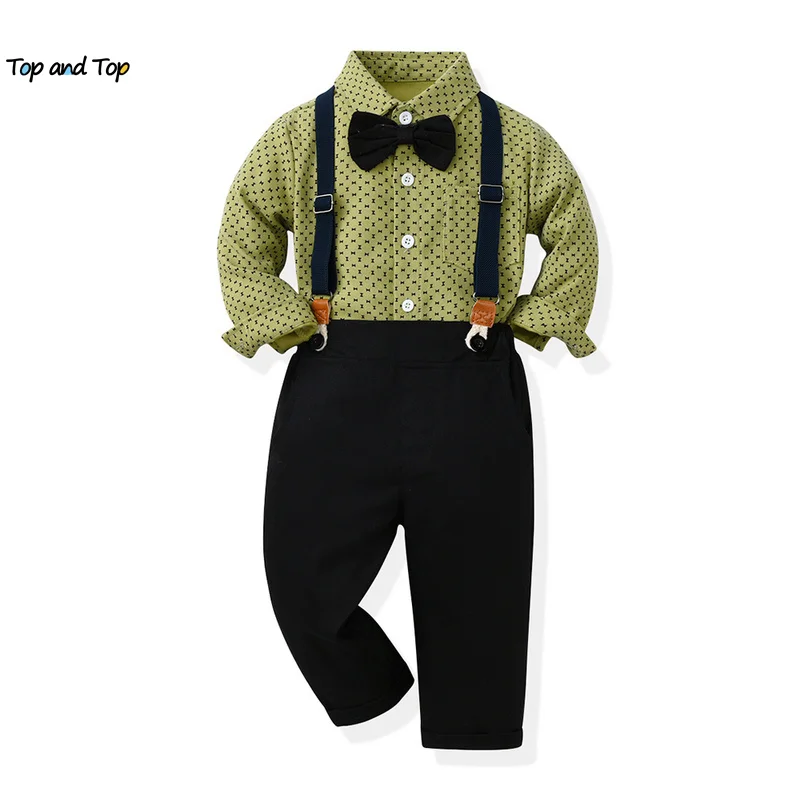 top and top Autumn Winter Little Kids Boys Gentleman Clothing Sets Long Sleeve Bowtie Shirts Tops+Suspenders Pants Formal Suits