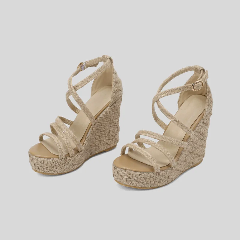 2023 Summer straw high heels fashion cross strap one line platform open toe sandals for women 699-34