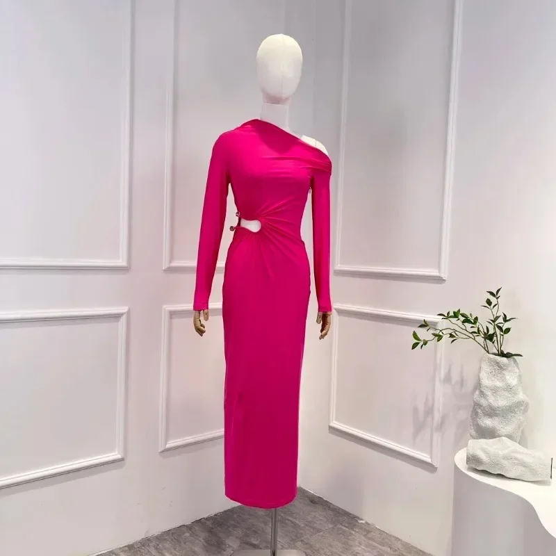 

Rose Red Cut Out Waist One Shoulder Long Dress Self Original Potrait 2023 New Fall Full Sleeve Elegant Woman Clothes
