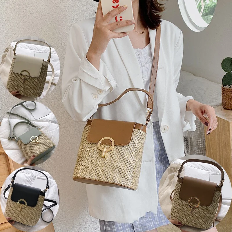 

Fashion Straw Shoulder Messenger Bags Women's Designer Luxury Woven Bucket Bag 2022 New Summer Beach Straw Bag Female Handbag